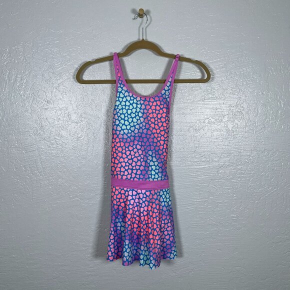 Lands End Girls 12+ Pink Blue Purple Heart Print One Piece Swim Dress Skirted - Picture 1 of 8